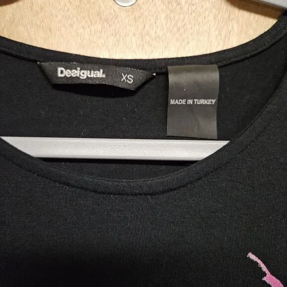 Desigual Women's black short-sleeved straight cut dress artsy floral print X-Sm - Picture 2 of 7